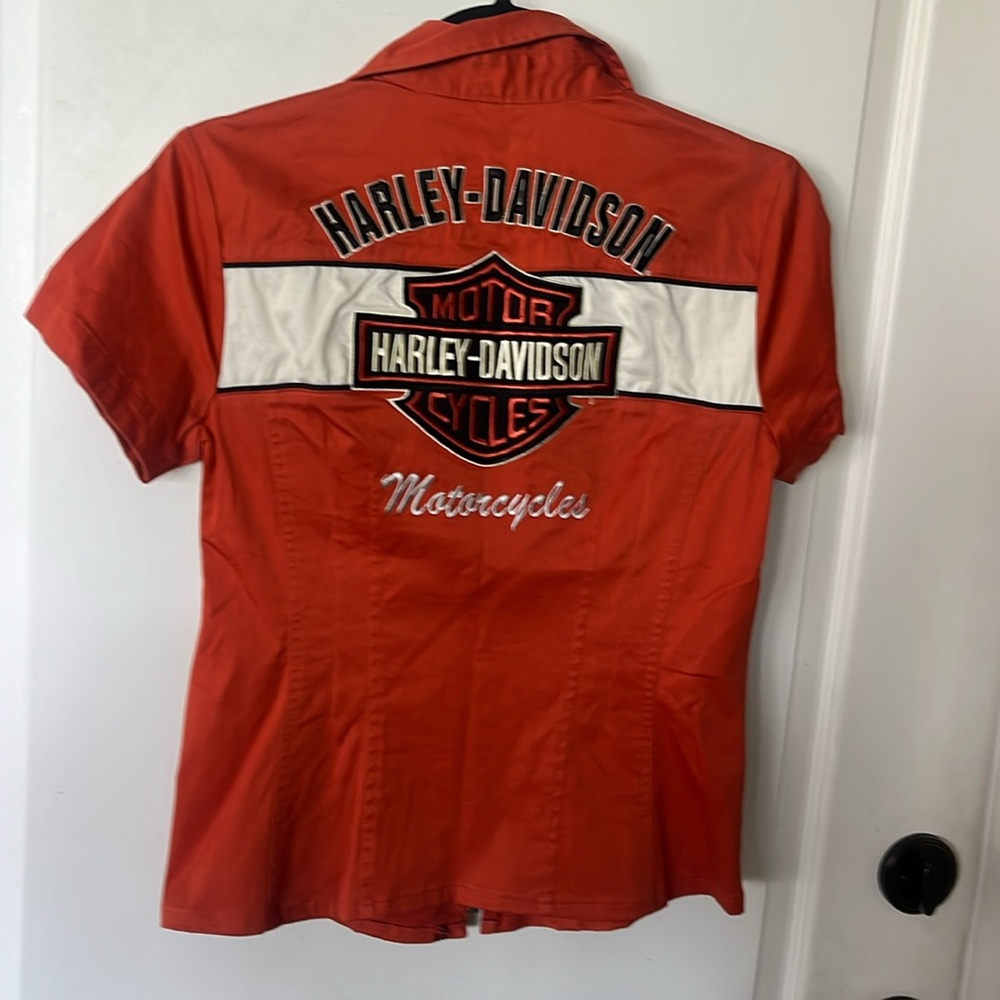 Harley-Davidson black & orange logo zip-front shirt short sleeve top SM